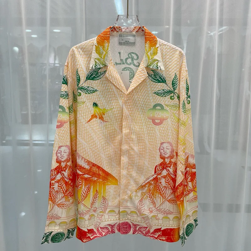 New rainbow-printed Hawaiian retro long-sleeved shirt The versatile trump card in the wardrobe