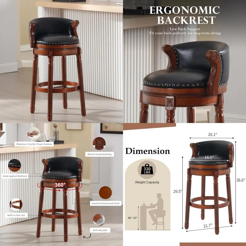 

Swivel Leather Bar Stools with Footrest - Full-Grain Black Leather, Wooden Counter Height for Kitchen, Dining, and Living Room
