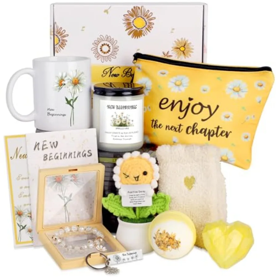 

New Beginning Gifts for Women - Daisy Coffee Mug Candles Positive Crochet Flowers and More Encouragement Gift Box for Graduatio