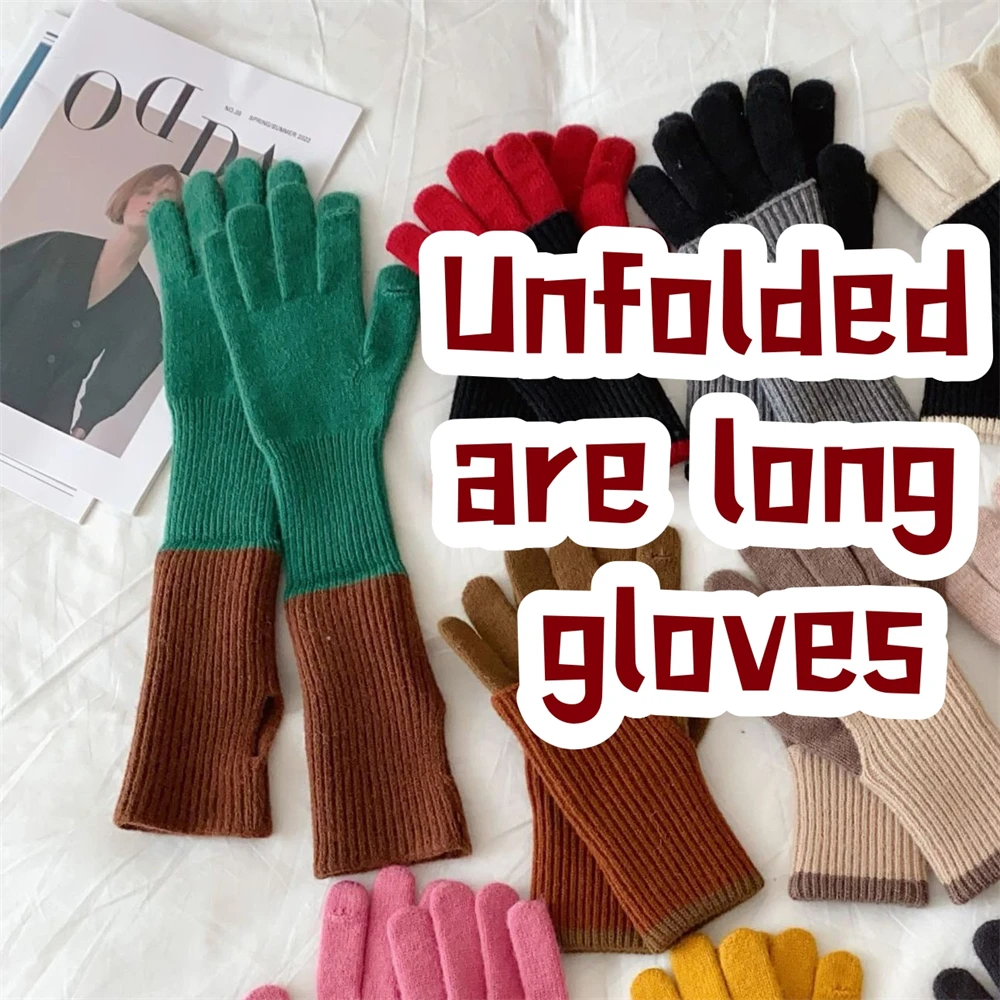 Unisex Outdoor Long Split Finger Gloves Winter Warm Thicked Knit Sleeves Cover Various Way Wear Fingertip Touch Screen Mittens