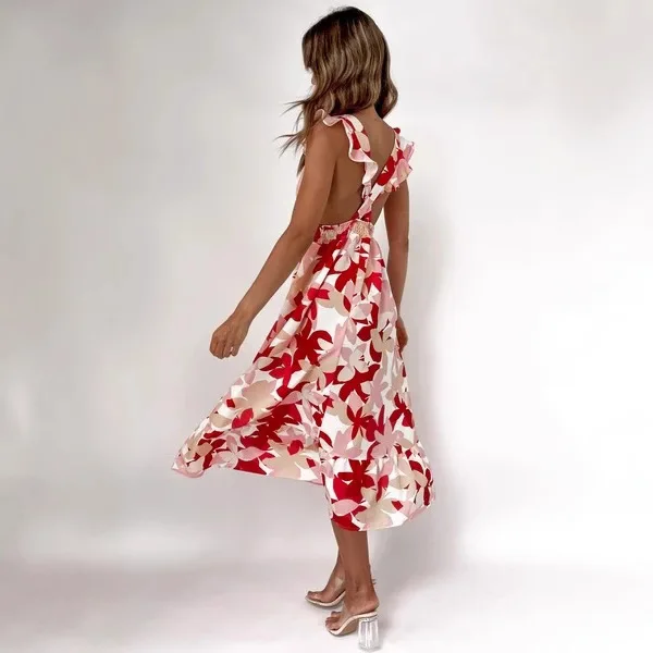 2025 Nuevo vestido sin espalda con estampado floral de verano con cintura elástica 22091