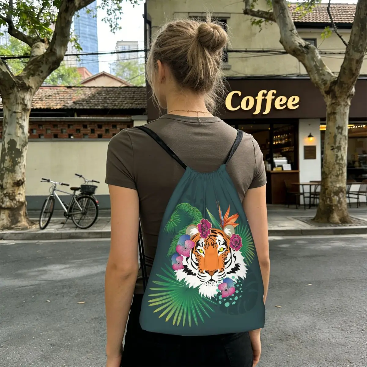 Leopard Tiger Cartoon Backpacks Casual Drawstring Bags Sports Bag Book Bags for Man Woman School