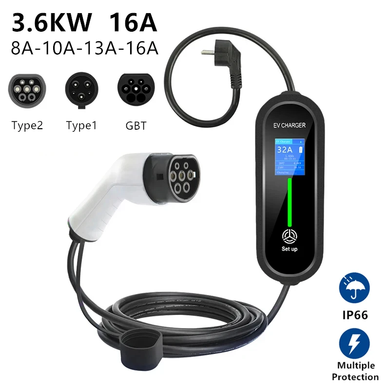 New Portable EV Charger Type 2 Type 1 GBT 3.6KW 16A EV Charging Cable IEC62196-2 SAE J1772 Electric Car Charger Wallbox EVSE