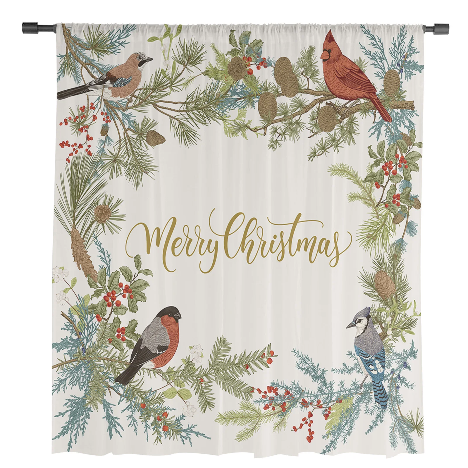 Christmas Pine Branches Pine Cones Bird Sheer Curtains Christmas Home Decor Window Tulle Curtains for Living Room Bedroom