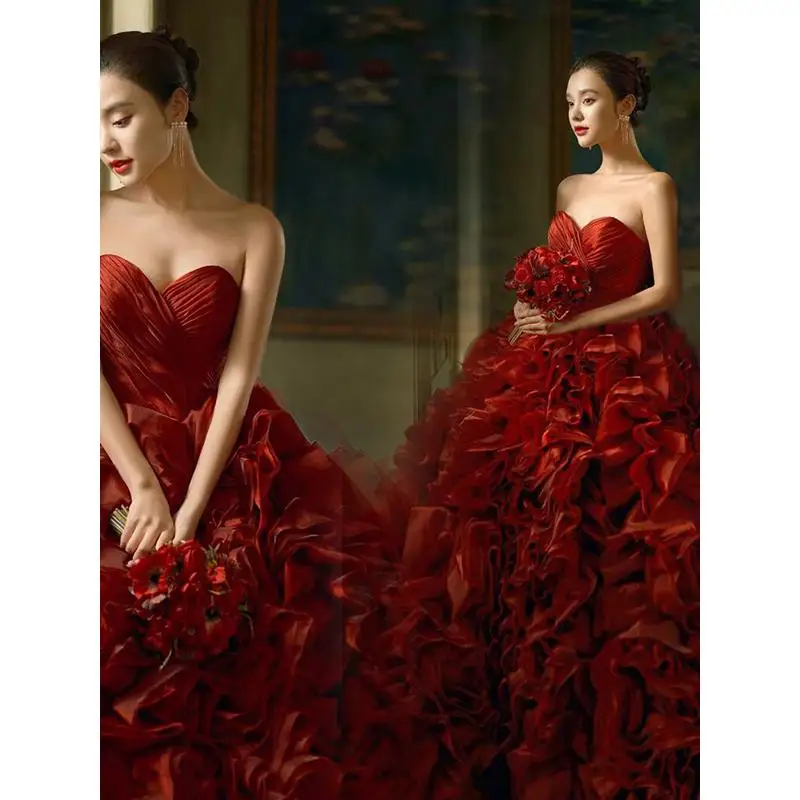 Red Strapless Wedding Dress Floral Puffy Dress Bride's Wedding Toast Dress Evening Performance Wedding Dress Customized
