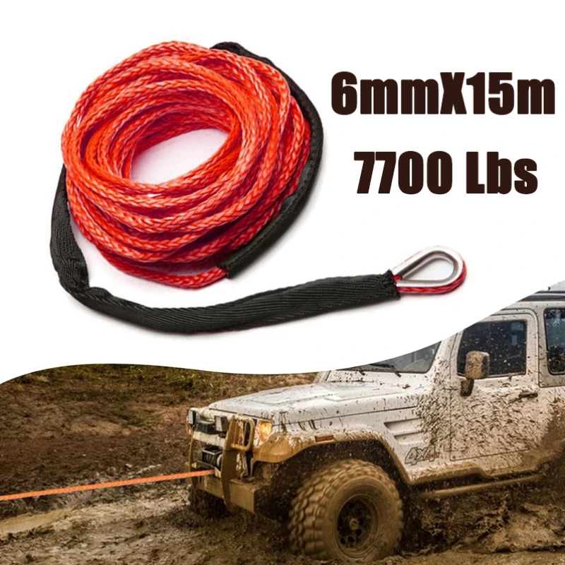 1/4 in X 50 Ft Off Road Tow Strap Synthetic Winch Rope 7700 Lbs Break Strength W/ Protective Sleeve and Thimble for ATV UTV 4WD