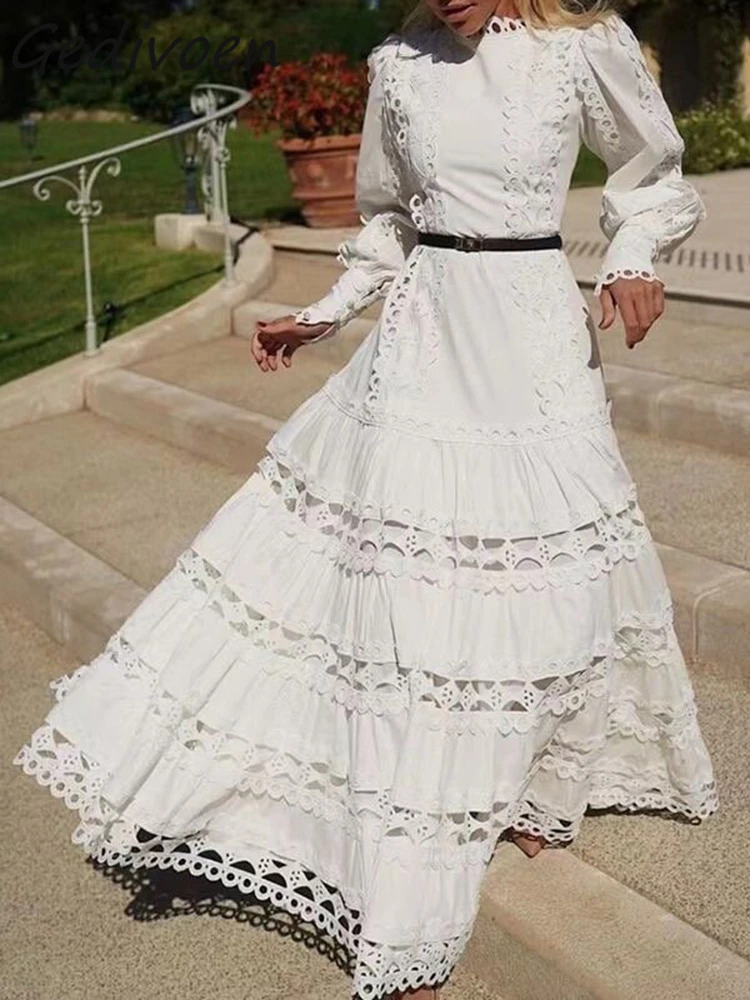 

Gedivoen Summer Fashion Runway White Elegant Party Dress Women O-Neck Sashes Gathered Waist Ruffle Spliced Hollow Out Long Dress