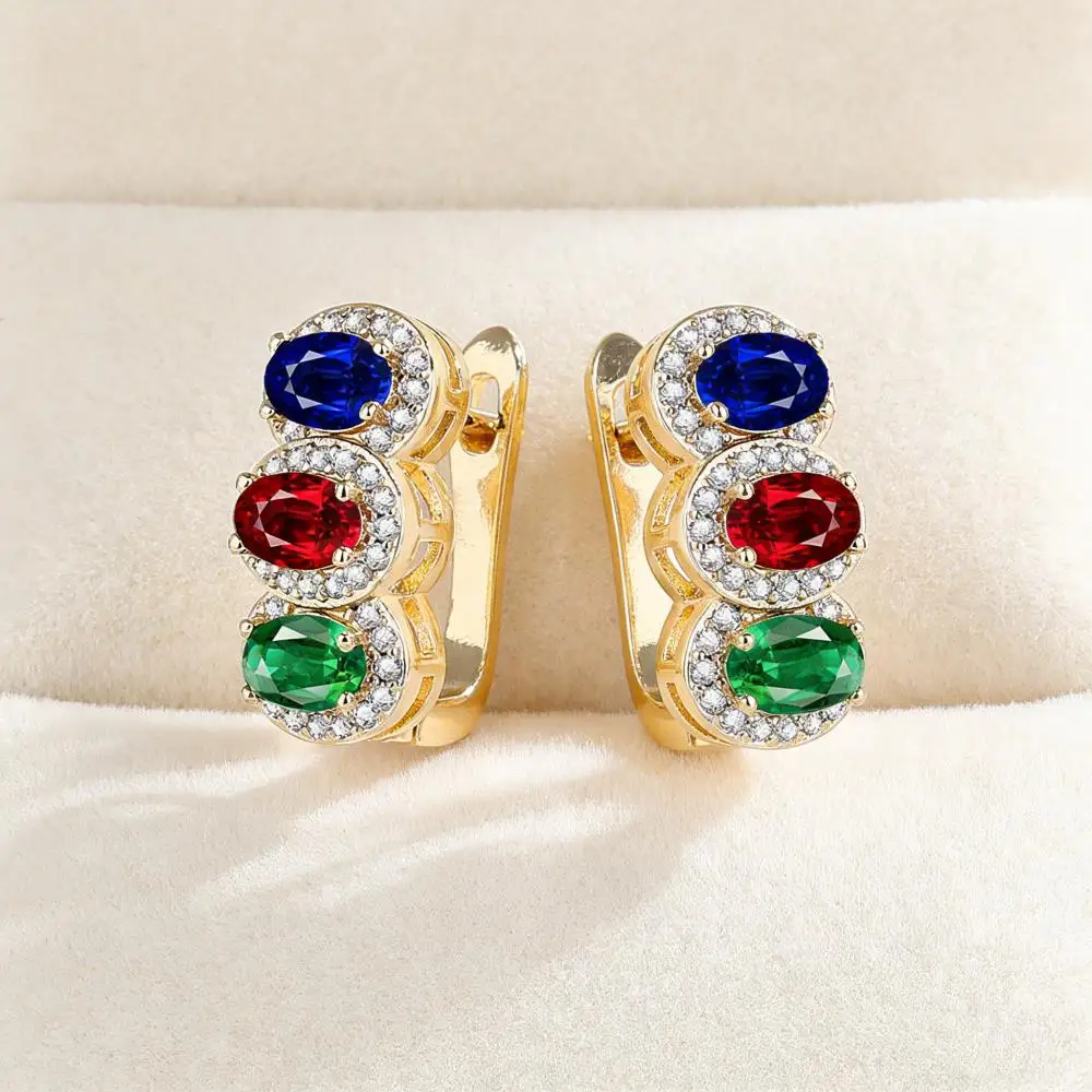 Oval Rainbow Round Hoop Earrings For Women Gold Silver Color Female Colorful Zircon Bridal Ear Buckle Party Jewelry Mother Gifts