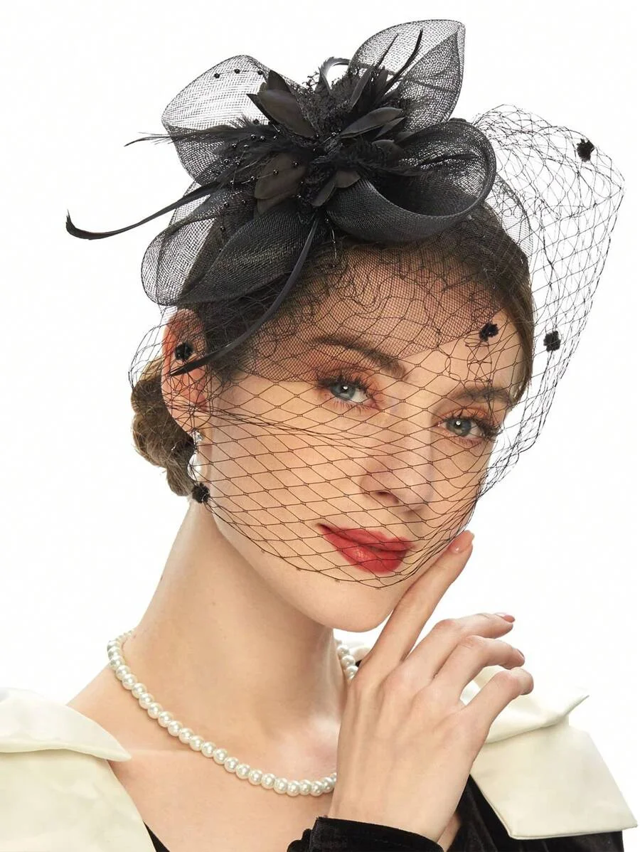 1 Piece Fascinator Hats For Women Tea Party Headband Kentucky Derby Wedding Flower Mesh Veil Fascinator