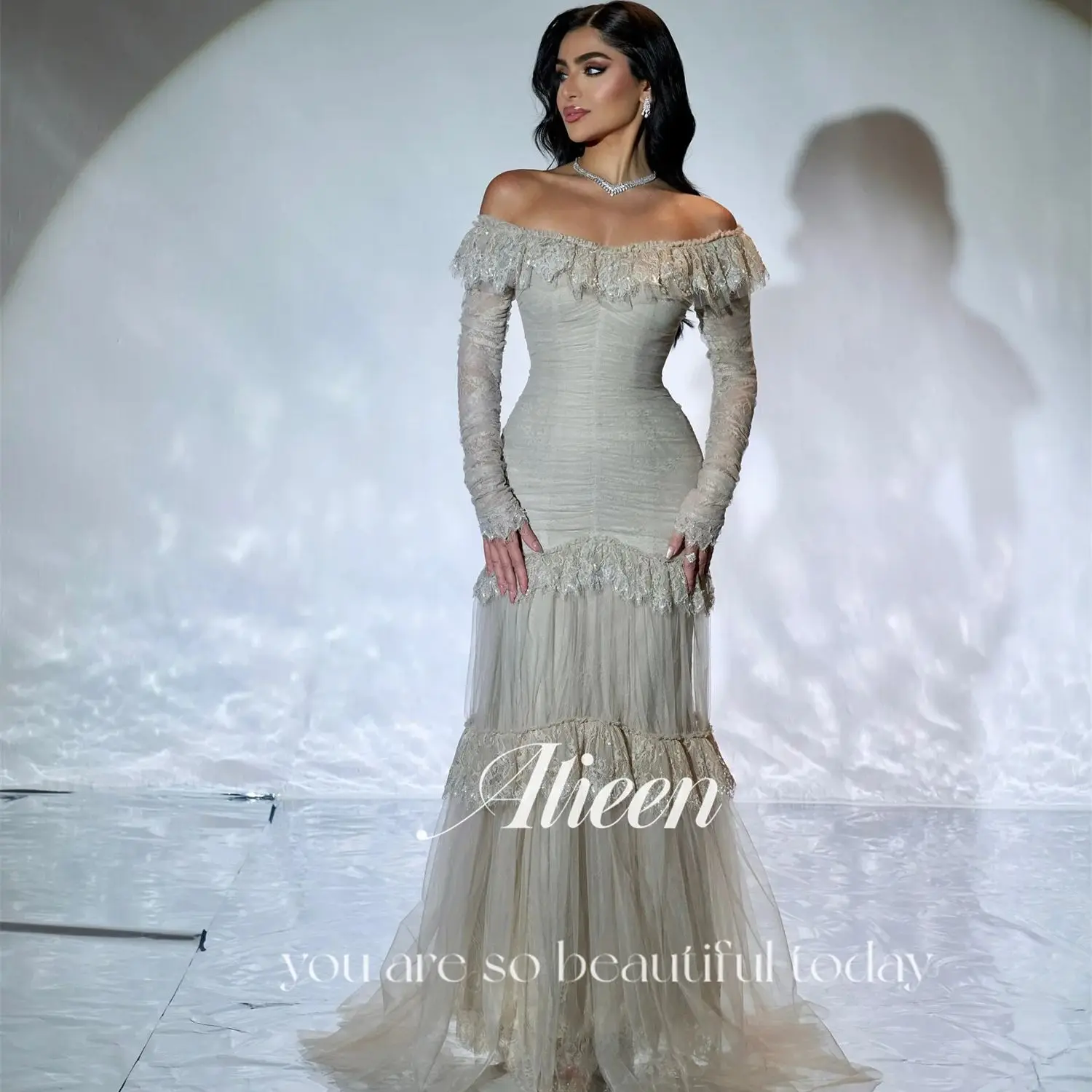 

Aileen Customized Prom Dresses 2025 Серое платье с открытыми плечами فساتين سهرة Женские вечерние платья Русалка Vestidos De Festa Кружевное платье