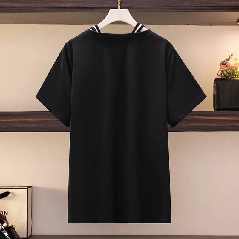 150Kg Plus Size Women\'s Bust 152 Summer Loose Fake Two-Piece Short-Sleeve T-Shirt Black White 5XL 6XL 7XL 8XL 9XL