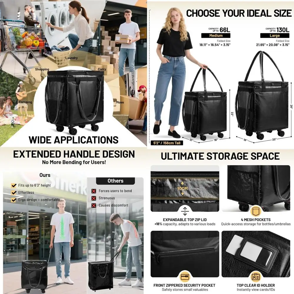 

Wheeled Reusable Grocery Bag with Anti-Wrinkle Fabric, Enhanced Stability and Extendable Handle, Holds Up to 130L for Shopping o