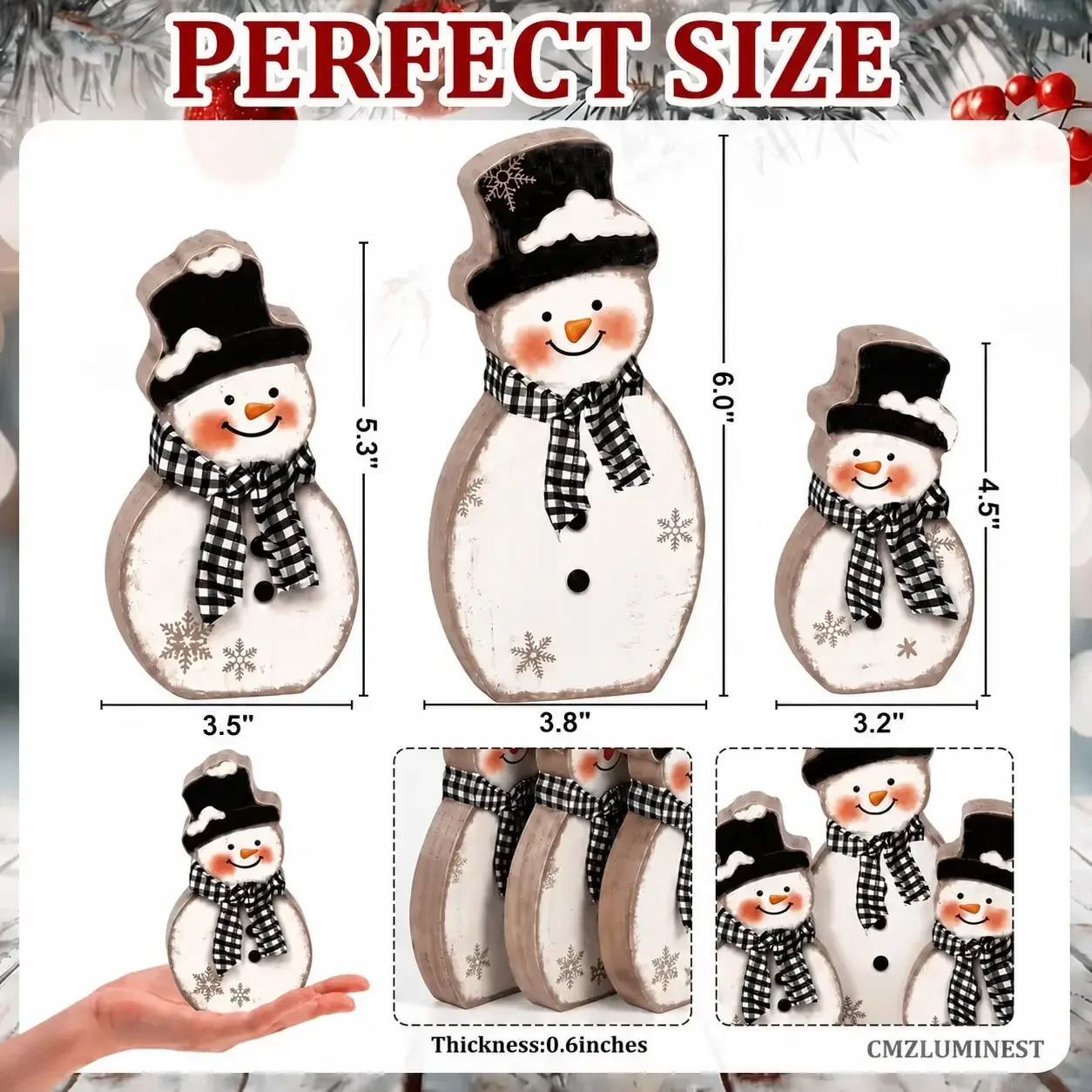 CMZLUMINEST 3-Piece Wooden Snowman Table Decoration, Winter Wooden Tabletop Decoration, Layered Tray Decoration, Retro Merry Christmas Decoration, Suitable For Indoor Three-Layer Tray, Desk, Bookshelf, Home Fireplace And Holiday Party