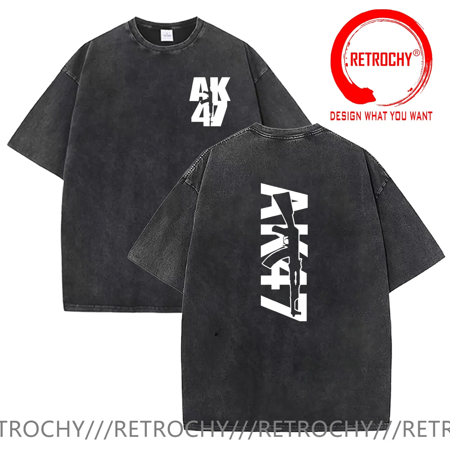Vintage Washed Cotton T-Shirt Funny Designer Russian Weapons Rifle Ak 47 T Shirt Men Fashion Trendy Casual Clothing Stylish Tops