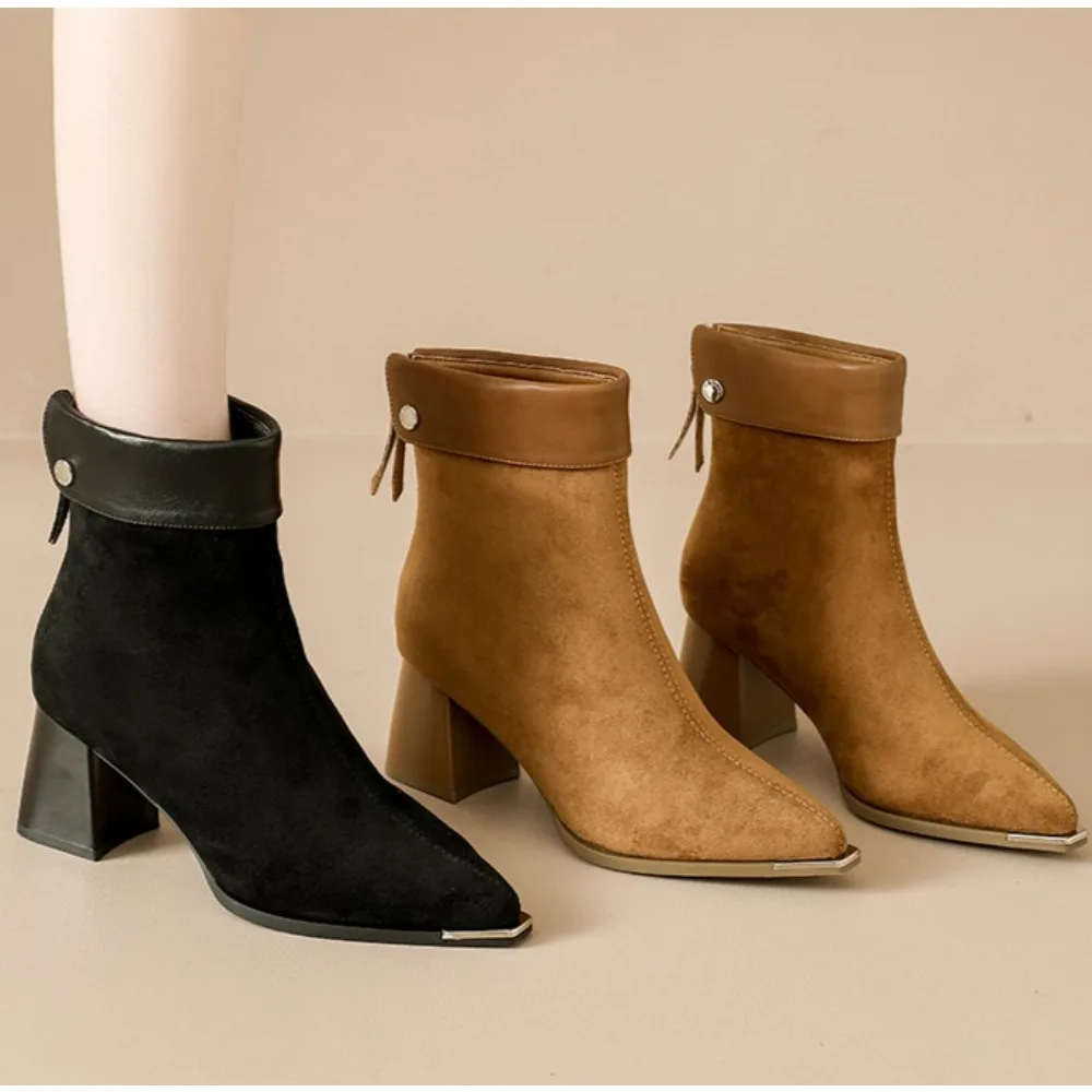 

New Designer Women's Boots Winter Fashion Pointed-toe Design Short Boots with Zippers on The Back Slim Low-heeled Ankle Boots