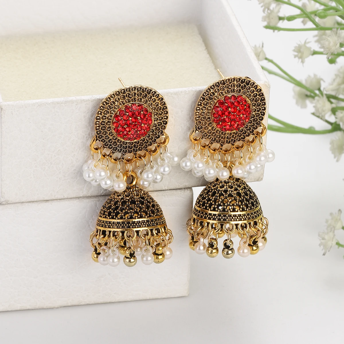 Ethnic Crystal Gold Color Earrings Women\'s Indian Jewelry Fashion Pearl Tassel Round Bell Drop Earrings Wedding Party Gift