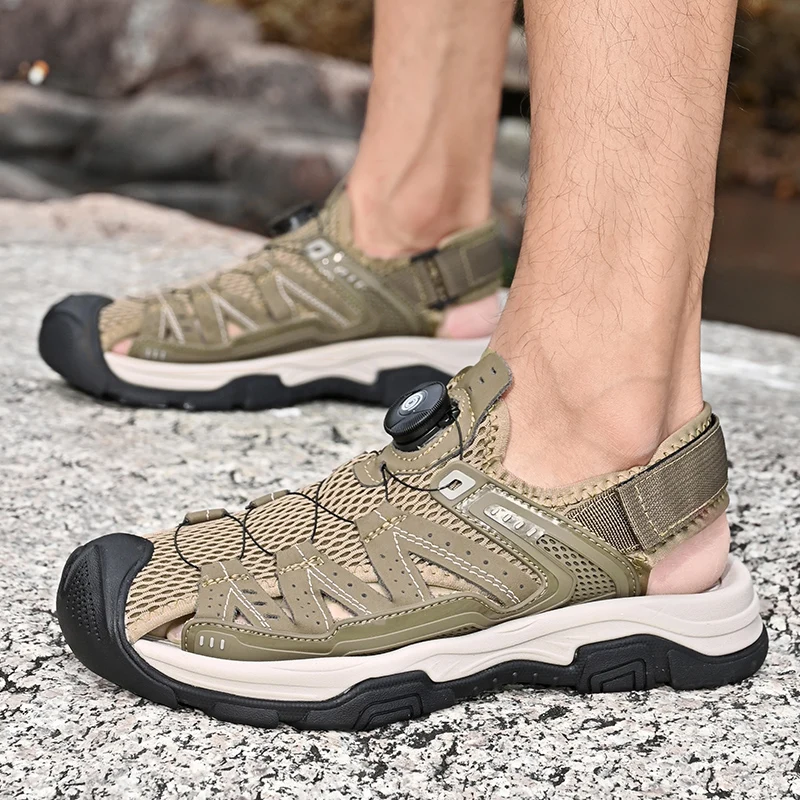 Sandalias de cuero genuino para hombre, zapatos transpirables para senderismo, agua, playa, Camping, escalada, Aqua, Verano