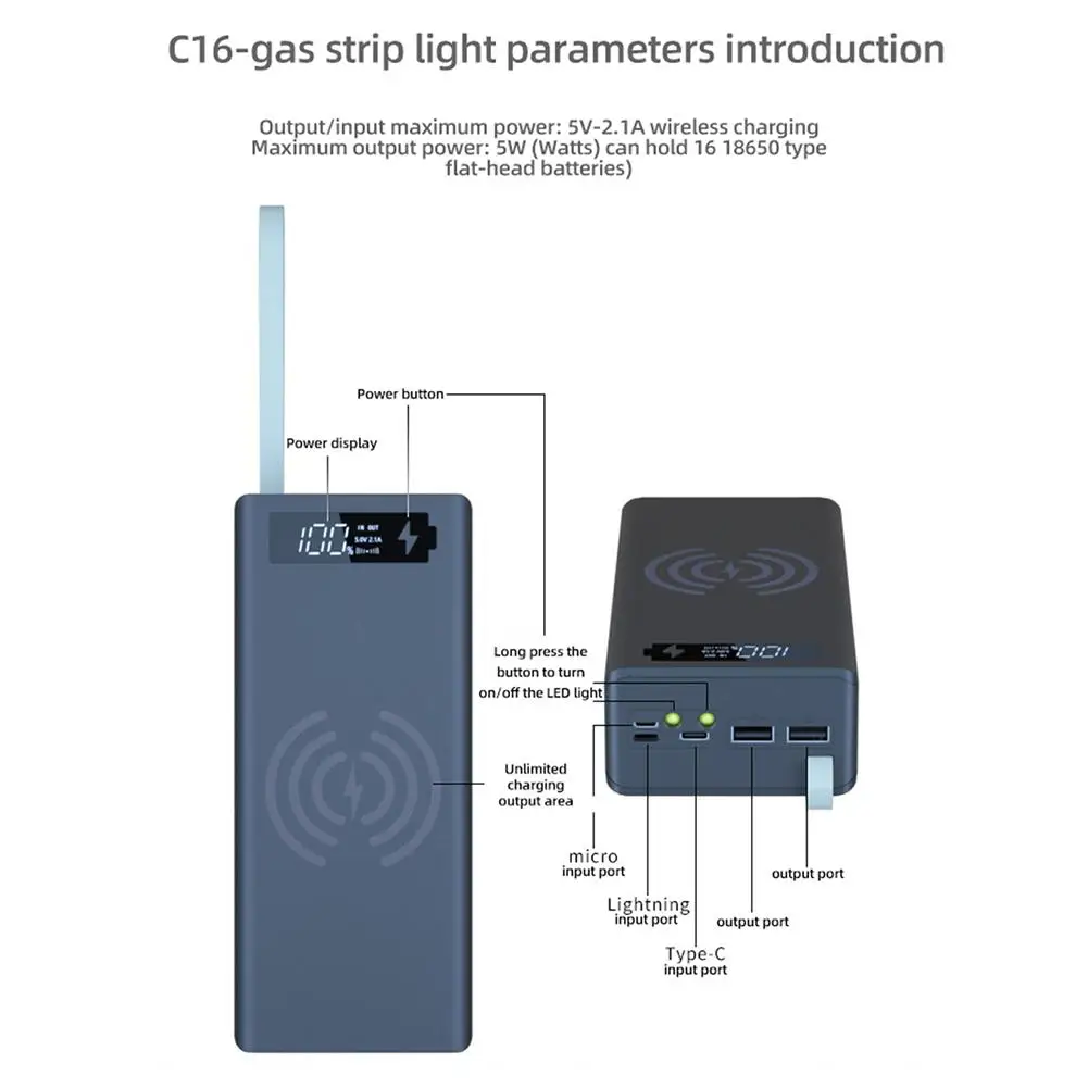 Power Bank Box Caricabatteria a testa piatta Custodia esterna 2 uscite USB 3 porte di ingresso Scatola batteria 16X18650 con ricarica wireless leggera