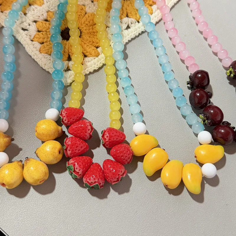 3D Fruit Simulation Strawberry Lemon Bead Necklace with Sparkling Glass Beads Cute Exaggerated Jewelry Gift - view 6