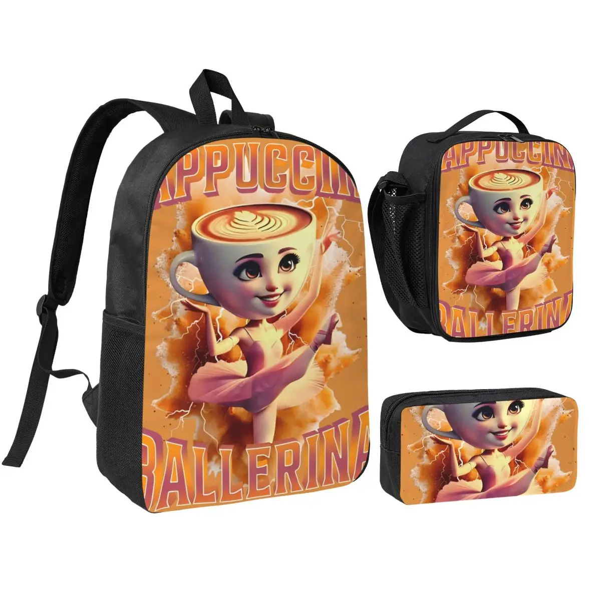 3pecs/set Ballerina Cappuccina Coffee Meme Backpack for Teenage Italian Brainrot Shoulder Bag Lunch bag Pencil Case