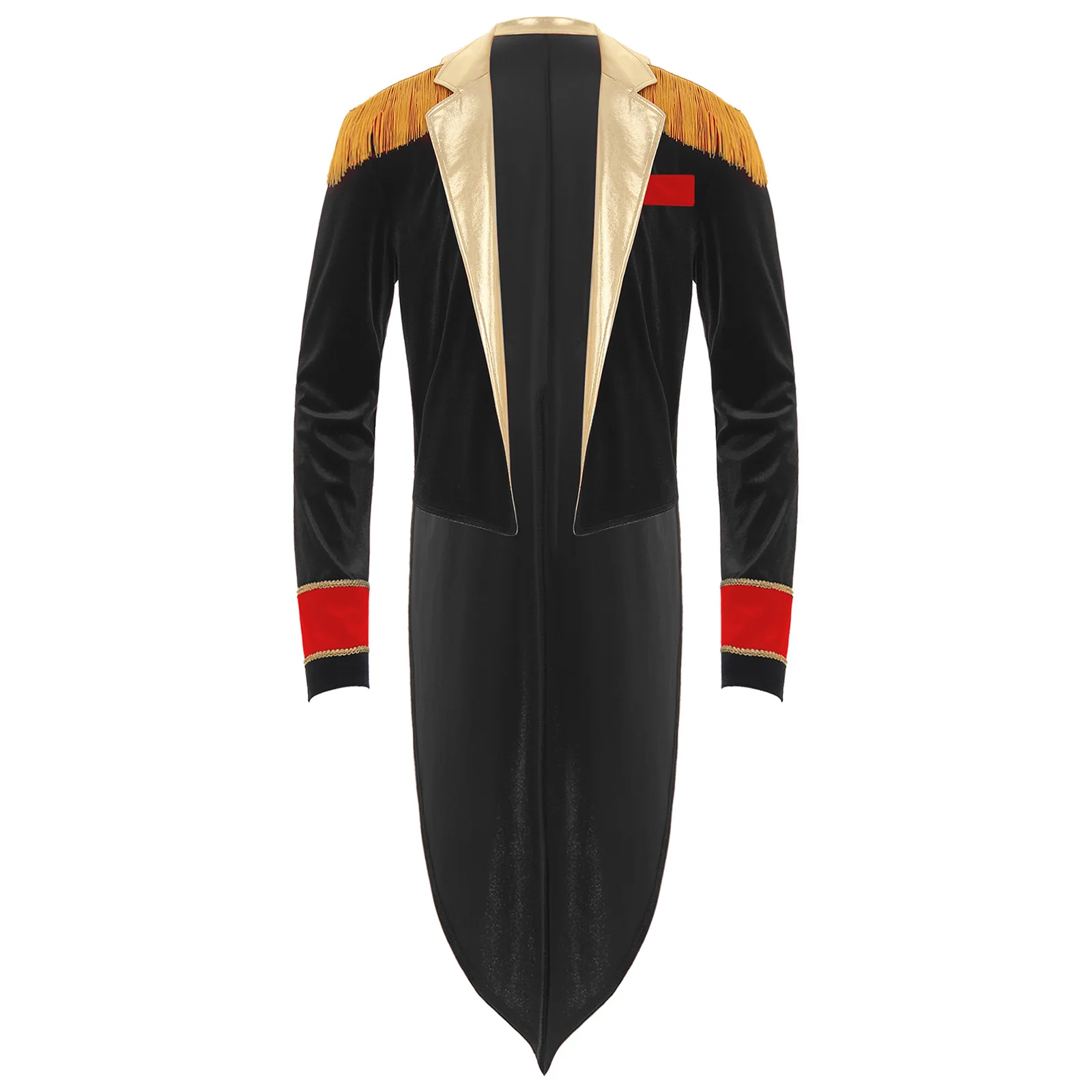 Mens Circus Ringmaster Costume Long Sleeve Metallic Lapel Showman Jacket Halloween Tailcoat Tassel Velvet Swallow-Tailed Coat