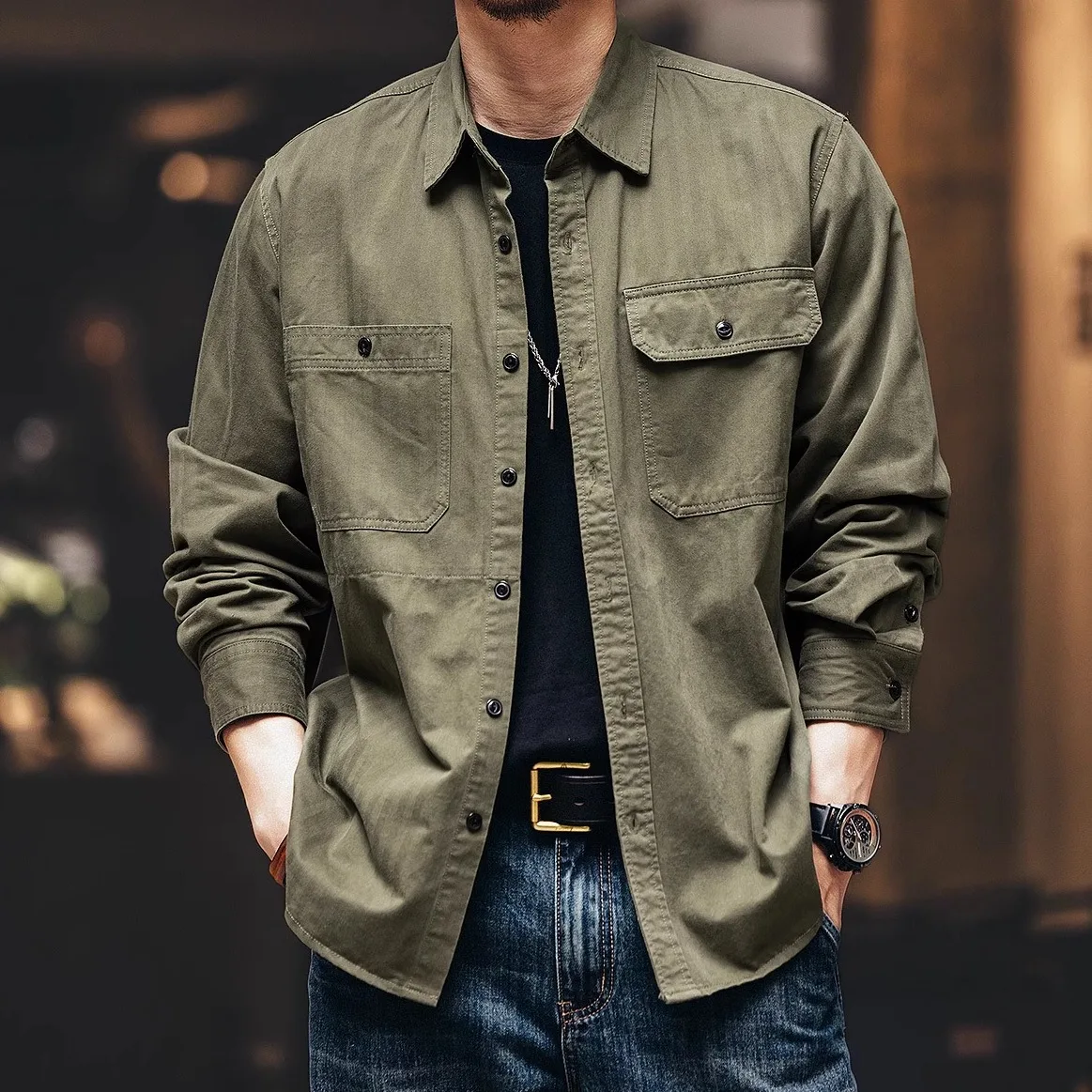 

American Retro Workwear Long Sve Cotton irt Men's Spring Autumn Loose Multi-ket Hunting Waed Outerwear Coat