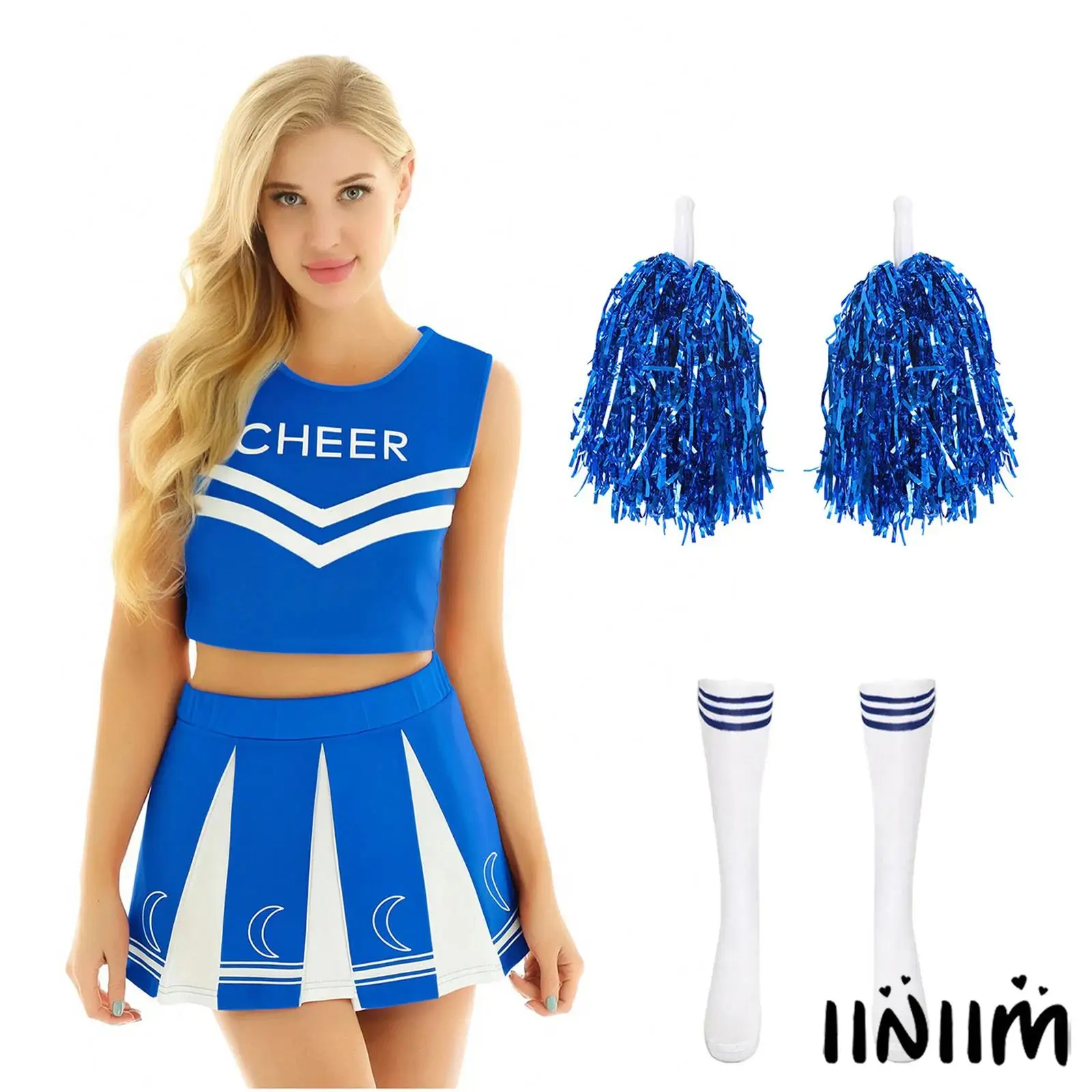 

Womens Cheerleading Performance Set Sleeveless Letter Print Crop Top with Pleated Skirt Socks Hand Flowers Halloween Outfit