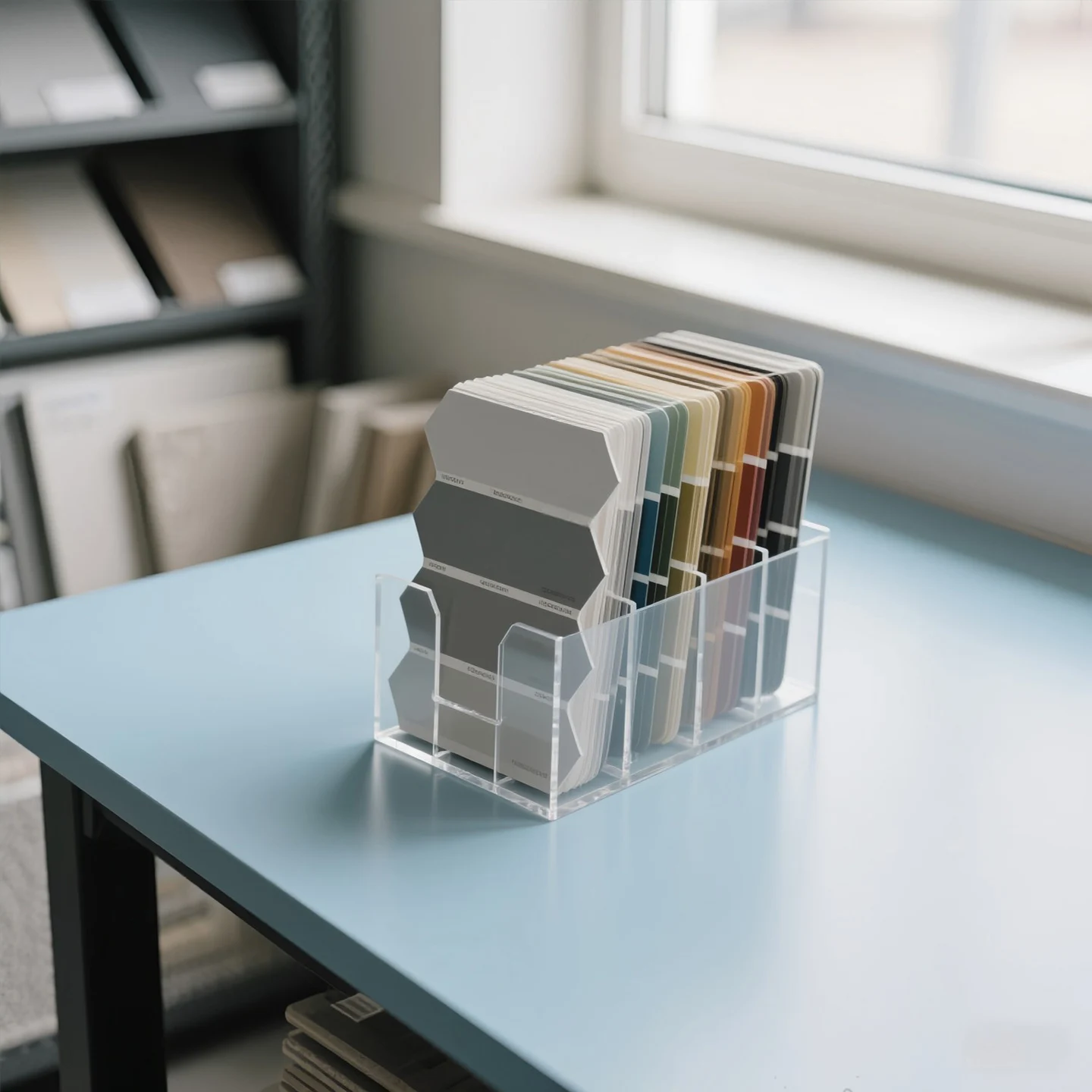 Acrylic swatch shelf Tile display stand Wood floor Cabinet door panel Countertop display stand Stone marble