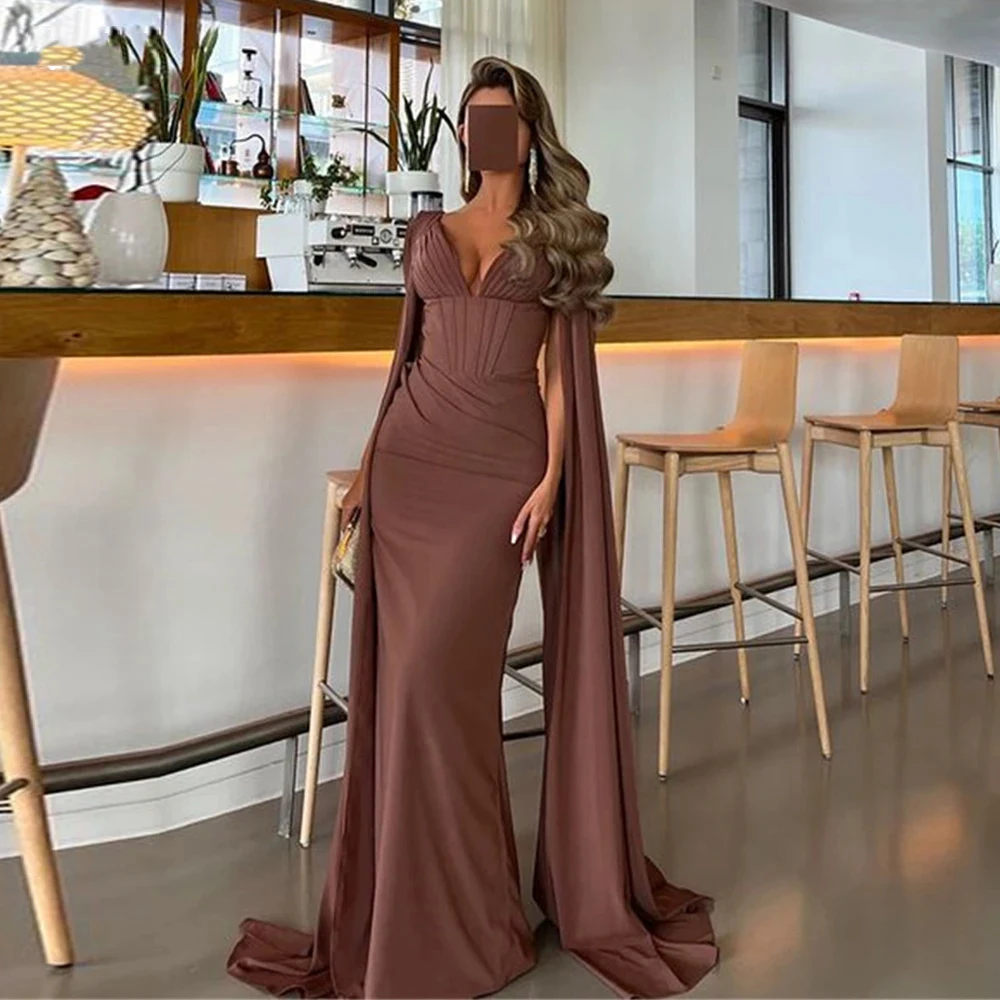 

Yipeisha Sexy Elegant Brown Long evening Dress Deep V-neck With Sweep Train Draped Zipper Back Floor Length Formal Pageant Gowns