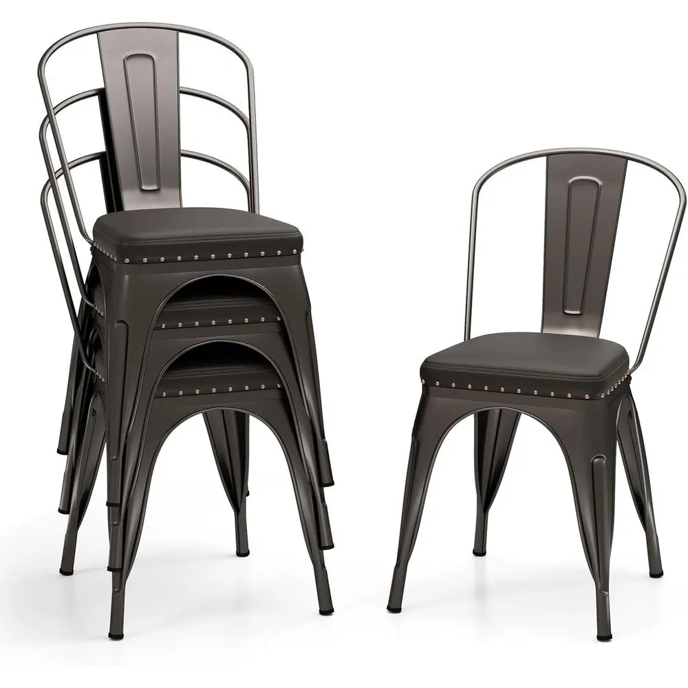 

Stackable Metal Dining Chairs Set of 4, Armless Kitchen Side Chair with Detachable Backrest & PU Leather Padded Seat, Modern Din