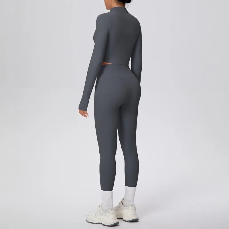 

Women's Bare Feel Double-Sided Brushed Yoga 2pc Set Solid Color Short Long Sleeve Top High Waist Tight Pants Running Fitness