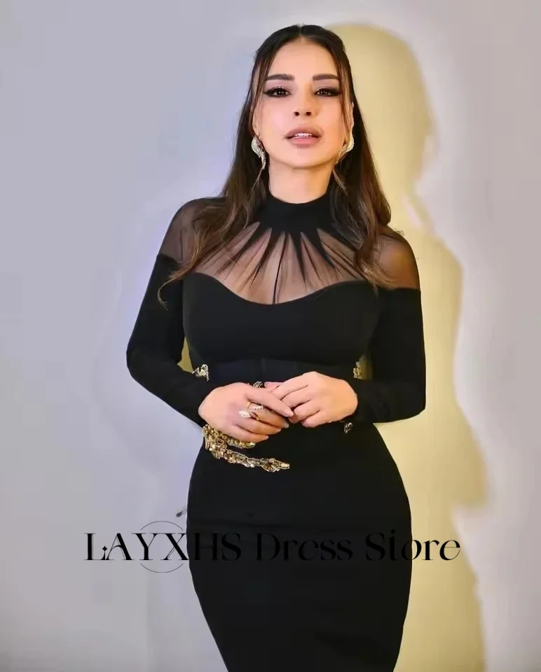 LAYXHS Vestidos de noite simples pretos com gola alta, mangas compridas, bainha com contas douradas, vestidos de baile femininos personalizados