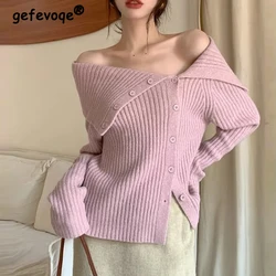 Women Sexy Off Shoulder Chic Sweet Y2K Asymmetrical Rib Knitted Sweater Korean Fashion Casual Solid Slim Long Sleeve Outerwears