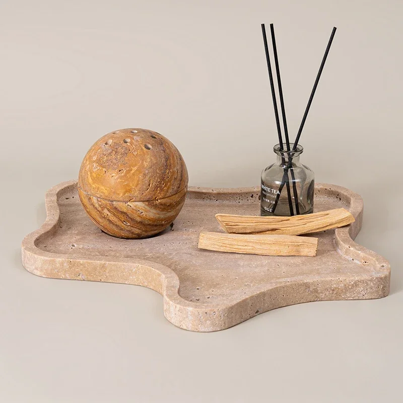 

Beige Brown Travertine Marble Incense Burner Religious Ball Shape Stone Incense Holder Home Stone Ornament Plate Decorative Tray