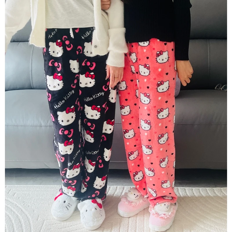 Sanrio Hallo Kitty Pyjama Hose schwarz rosa Anime Flanell Frauen warm Wolle weiß Cartoon lässig Home Hose Herbst Grils Hose