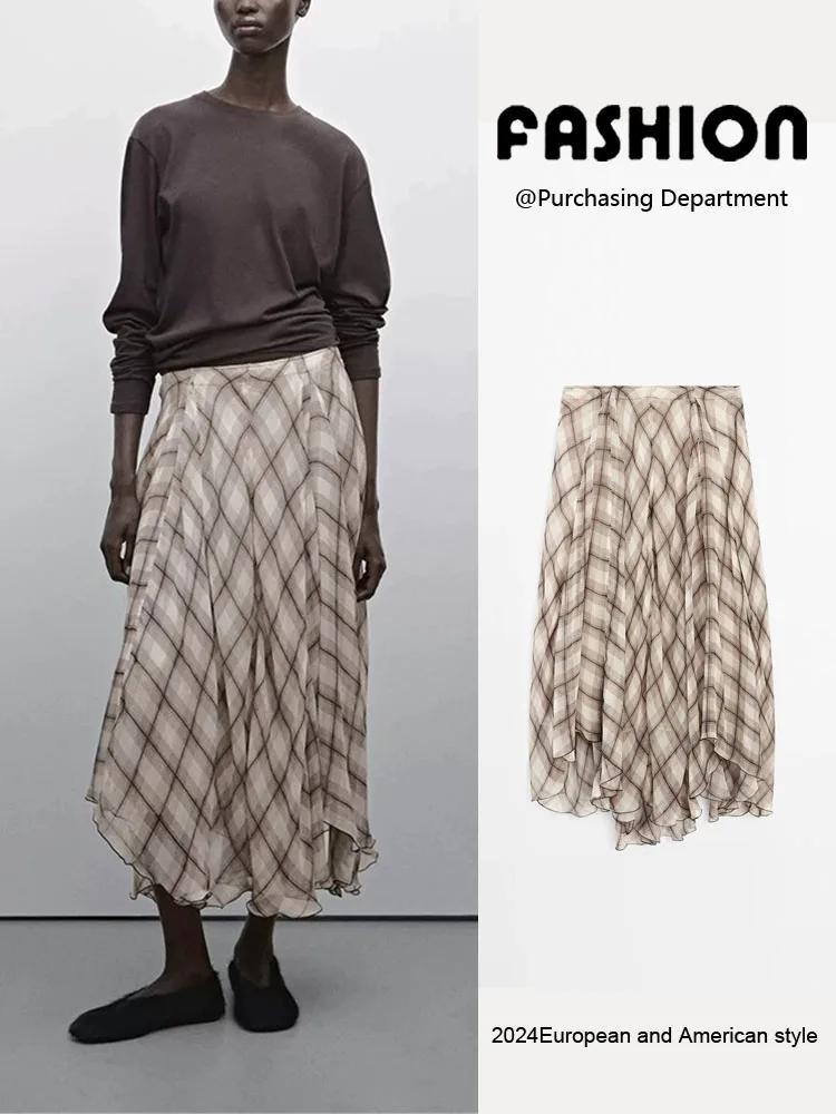 

Spring New Arrival Casual Brown Plaid Midi Skirt High Waist A-Line Skirt Commute Sle Regular Thin Women's Skirts