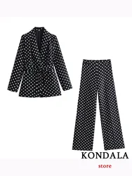 KONDALA Casual Women Suit Polka Dot V Neck Single Button Lace-up Blazer Straight Long Zipper Pants Fashion 2023 Autumn Sets