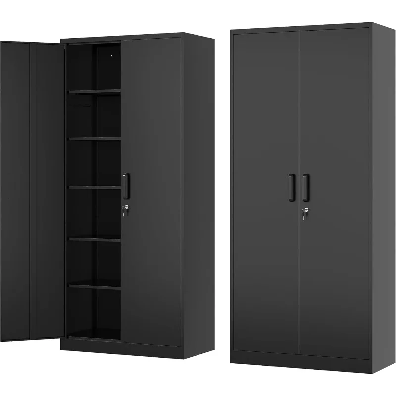 Metal Storage Cabinet-72 Tall Steel File Cabinet with Lockable Doors and Adjustable Shelves-Black Steel Storage Cabinet for Home