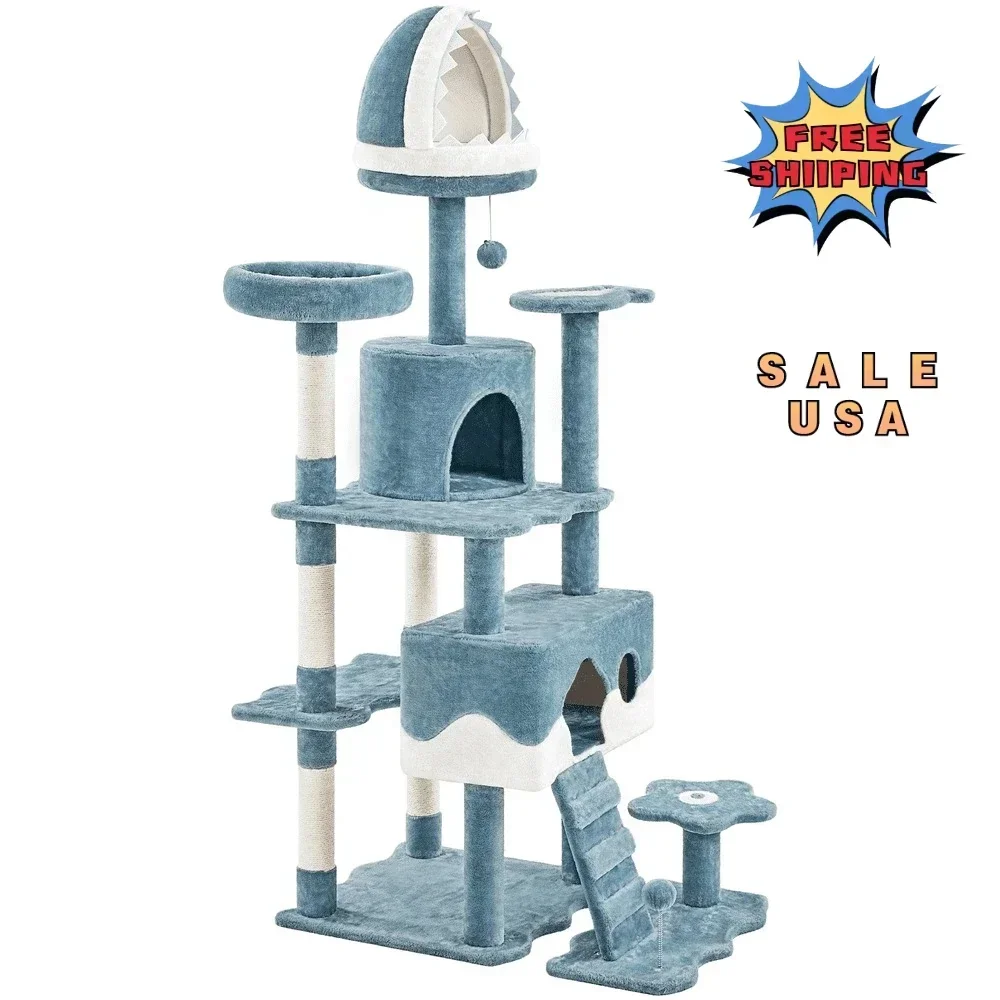 

72.5″ H Ocean-themed Cat Tree with Scratching Posts for 3-4 Medium/Large Cats, White & Blue Cat Supplies