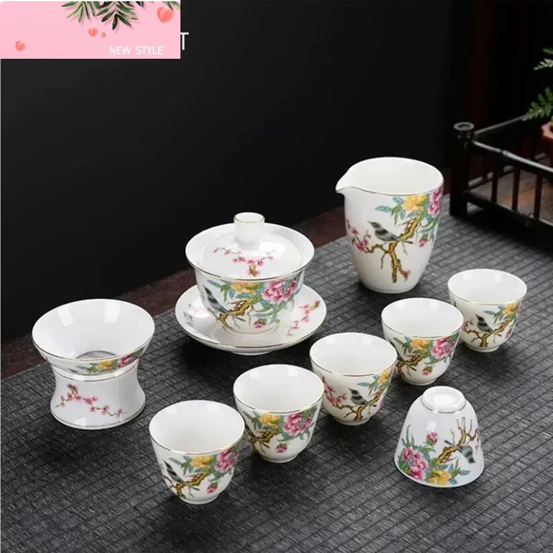 

Китайский керамический чайный сервиз, 9 шт./компл., изысканный ручной роспись цветов и птиц, фарфоровый чайник, чайник ручной работы, чайная чашка, чайная посуда