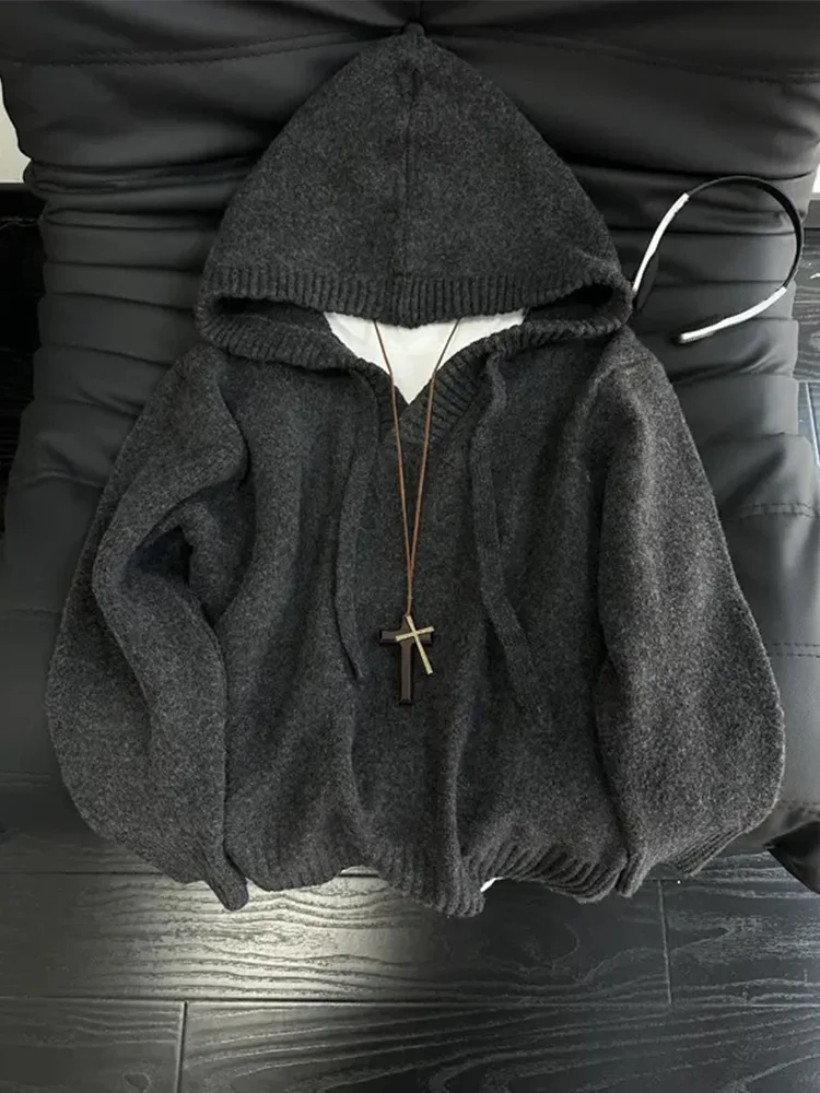 

Bla Hooded V-Ne Knitted Sweatirt Men's Autumn Winter American Retro Lazy Sle Sweater Cleanfit Knitted Jaet