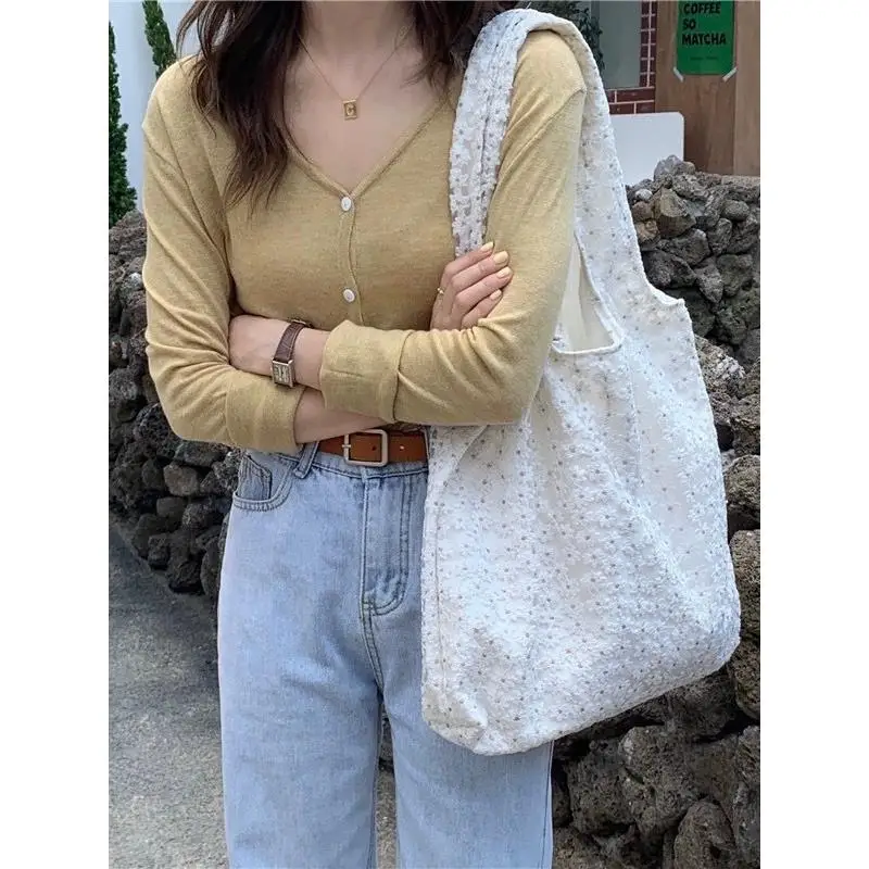 Daisy Floral Canvas Bag Casual Large Capacity Commuter Shoulder Bag Handbag Shopping Bag Early Eight Trendy Women's Bag