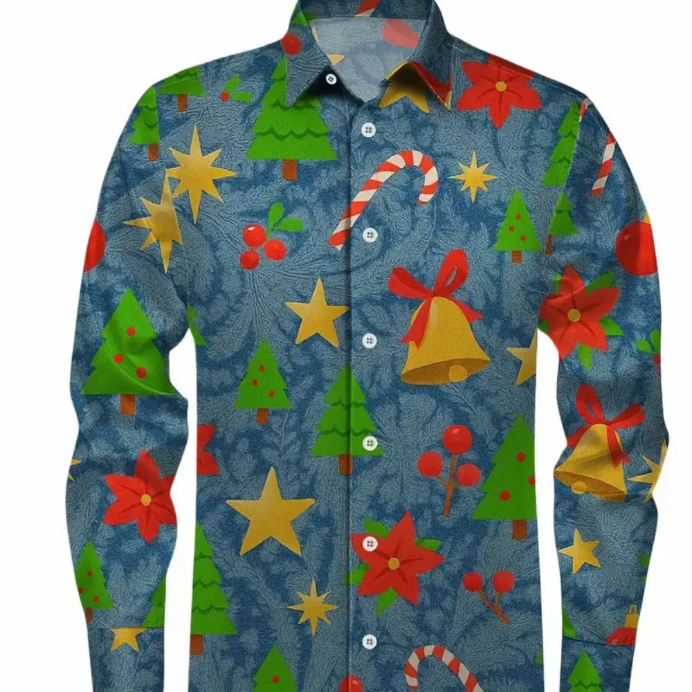 قميص رجالي إبداعي بنمط ندفة الثلج بأكمام طويلة وحفلات عيد الميلاد ملابس كاجوال مريحة للعطلات للرجال