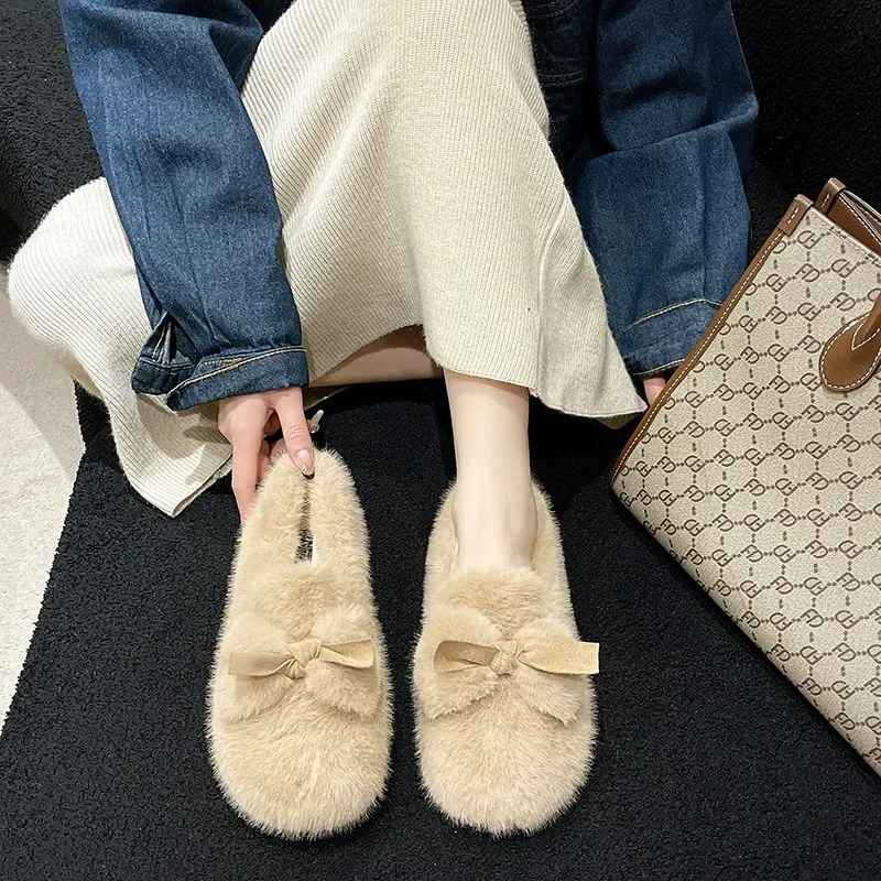 2024 Fashion Women's Shoes Slip on Women's Flats Daily Casual Flat Women Bow Tie Round Toe Soft Bottom Warm Shoes Female Zapatos image 4
