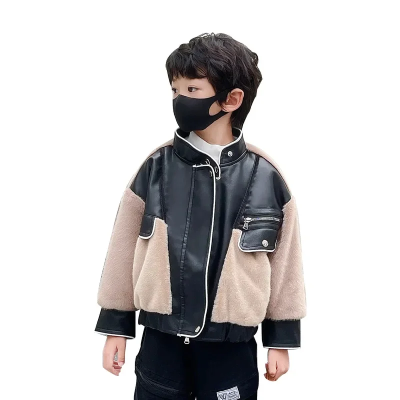 2023 Autumn Winter New Plush Leather Children’s Clothing Boys Warm Long Sleeve Lapel Coat Casual Girls Jacket CH154