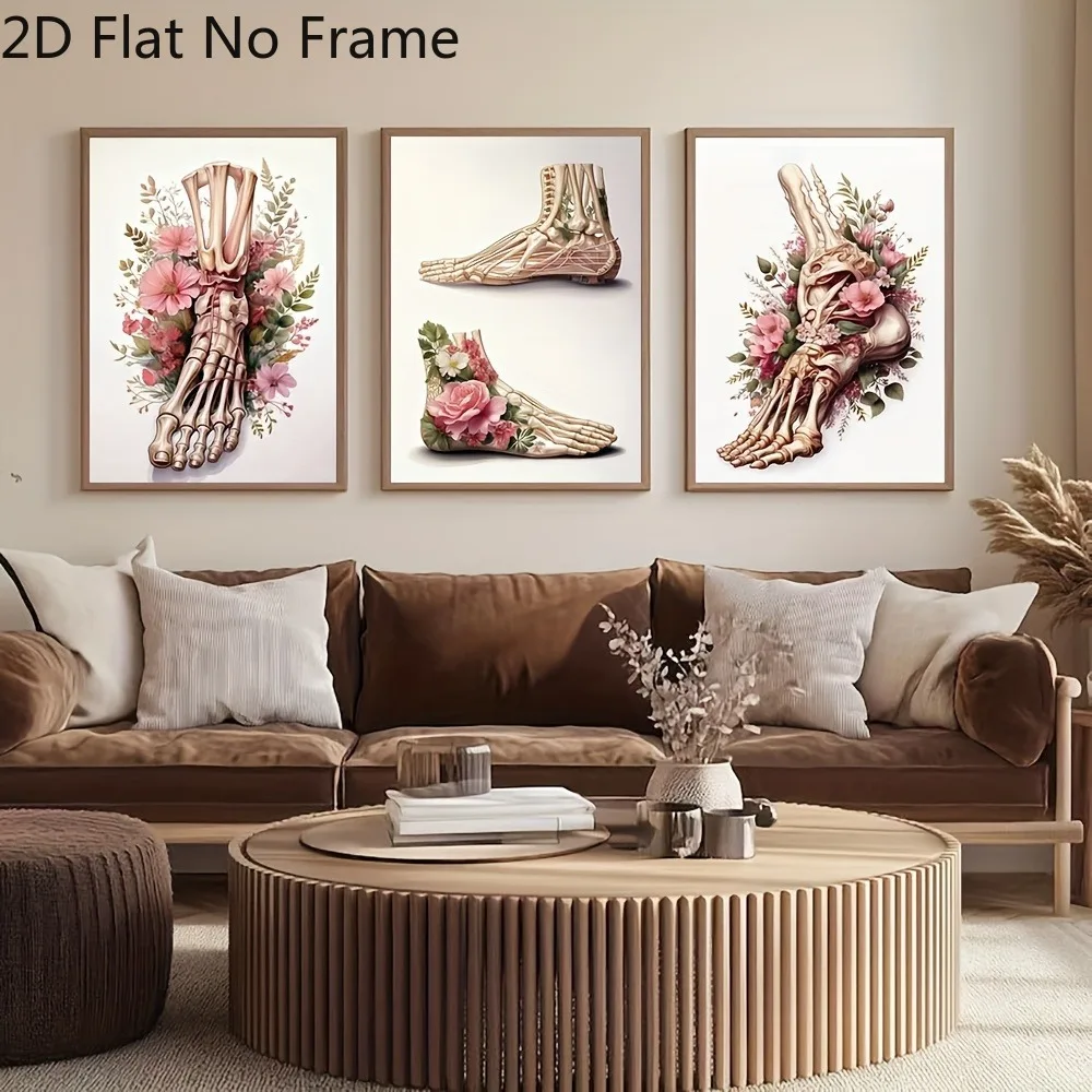 （NoFrame 3pcs）-2D Flat, Set of 3, 2D Flat Foot Doctor Office Decor Prints, Pink Floral Print, Foot Anatomy Art, Medical Wall