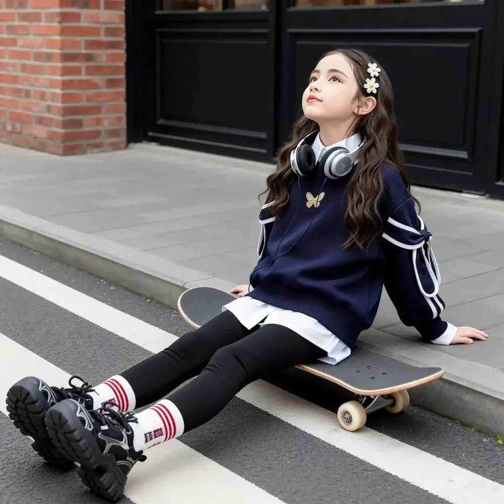 Faux Two Piece Girls Sweatshirt Bow Sleeve Accents Preppy Style Faux Layered Sweatshirt Navy Layered Hem Long Sleeve