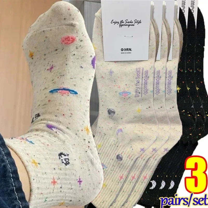 

Funny Moon Stars Pattern Socks Women Harajuku Planet Space Tube Sock Female Colorful Sweet Warm Cute Casual Streetwear Meias