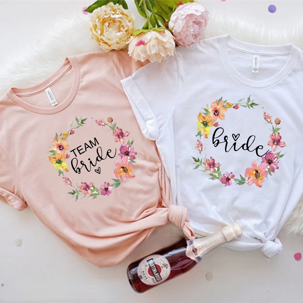 

Team Bride Bachelorette Wedding Party Women Evjf Tee Shirt Casual ladies basic O-collar Pink Short Sleeved T-shirt Girl MOS001