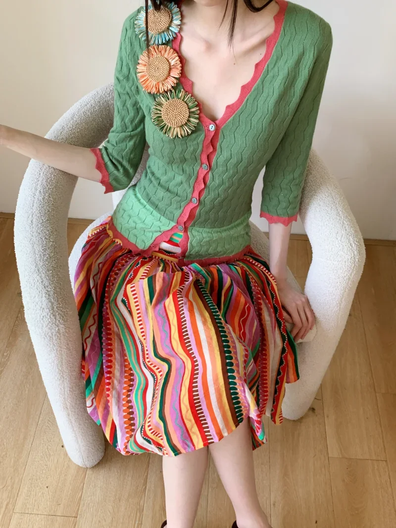 Striped Summer Skirts Woman Clothing Rainbow Colours Pleated A Line Knee Length Skirt Outfit